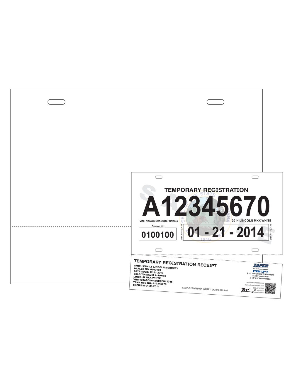 Item NTW- LP11: 1-Up 6" x 11" License Plate 8 1/2" x 11" Sheet(25 Sheets)